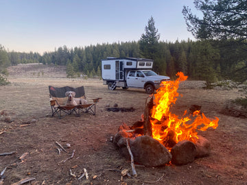 Camper truck near camp fire with dog 4